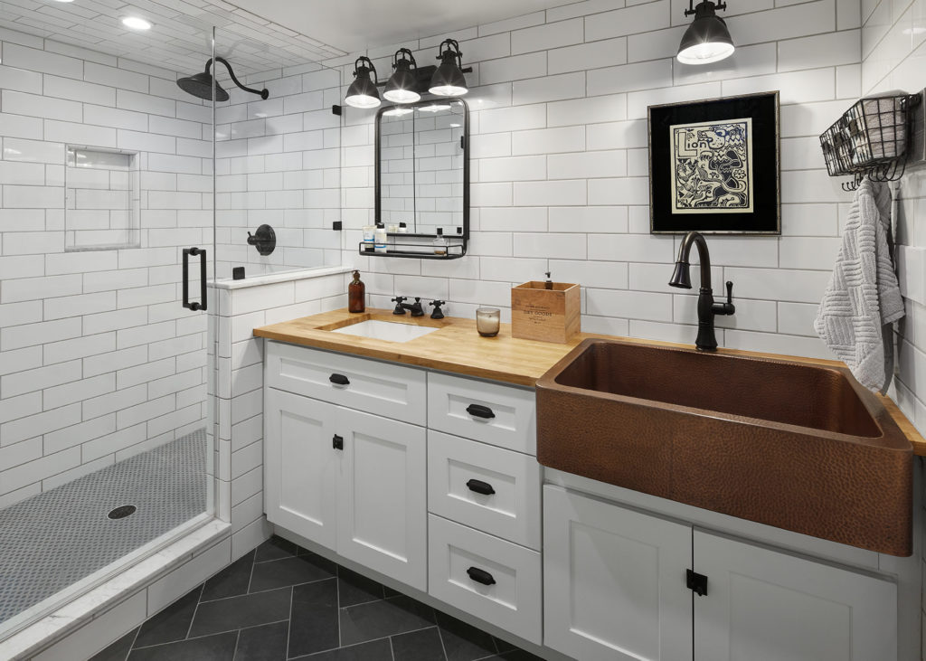 Bathroom design idea with glass door for shower and a huge sink