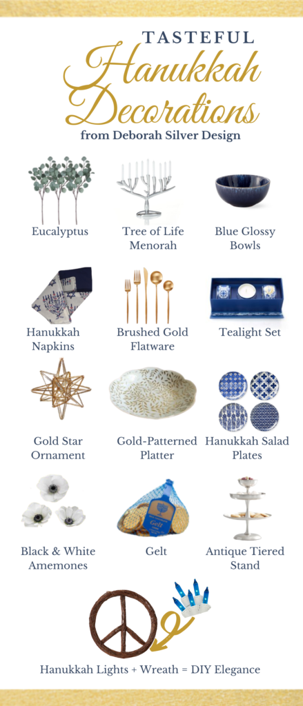 Different Hannukah decorations - eucalyptus, tree of Life Menorah, gold star ornaments, gelt, antique tiered stand and more!